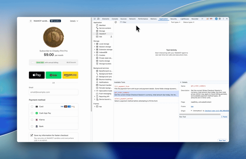 WebMCP 工具操作 Stripe Checkout 的动态演示